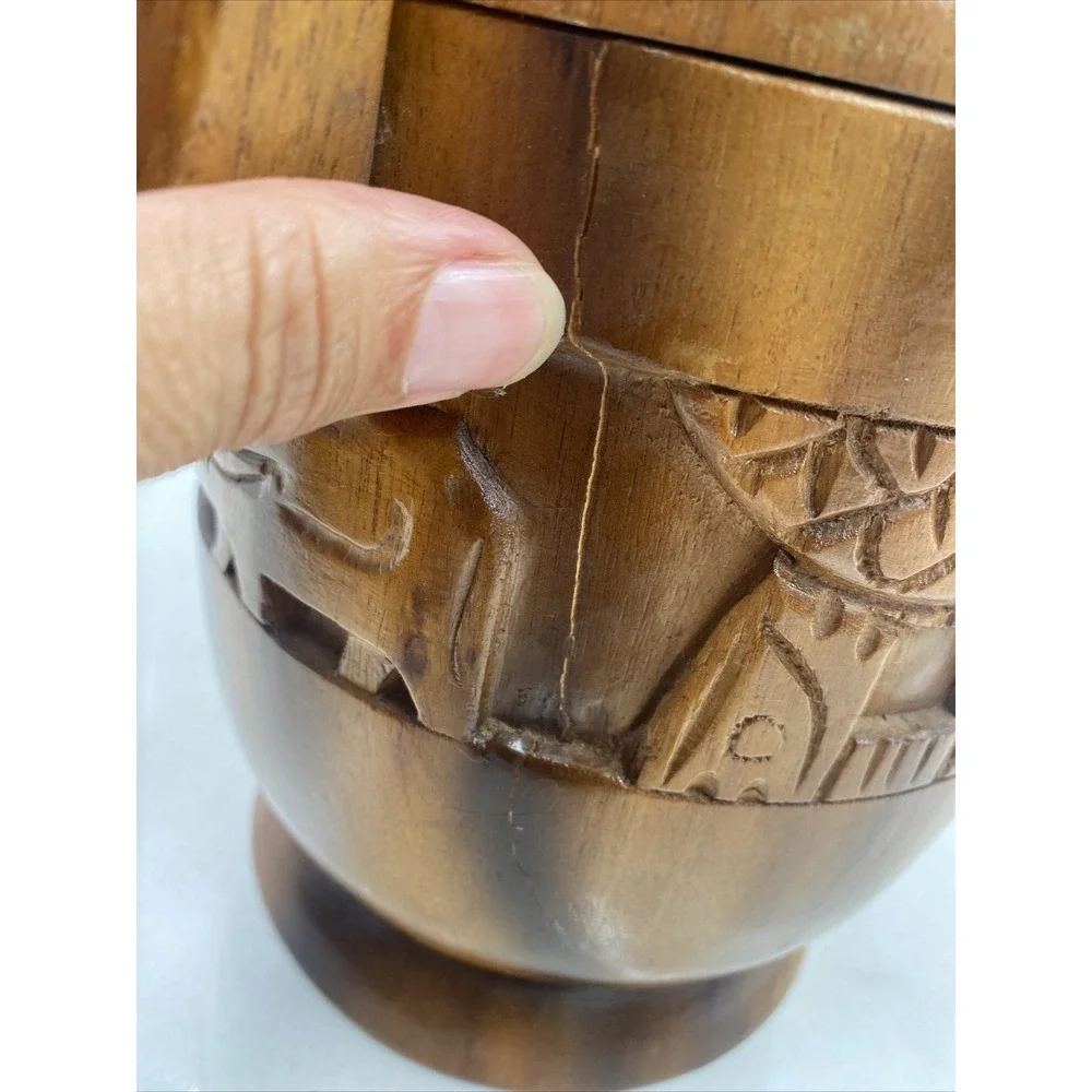 Vintage Ice Bucket Teak Wood Hand Carved VILLAGE Made in Philippines HANDLE